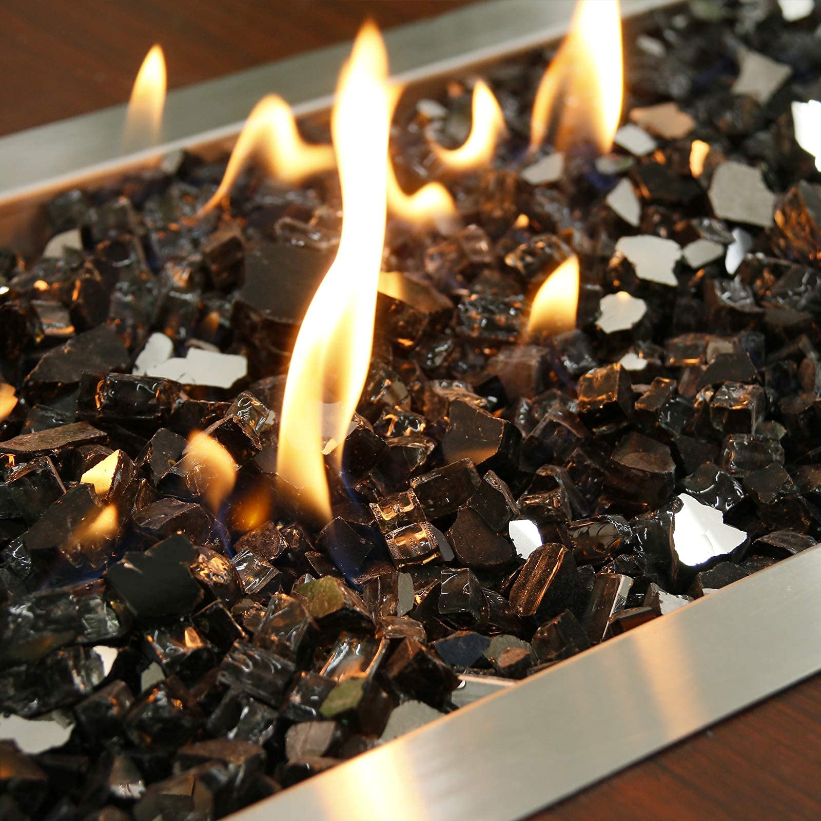 GRISUN Onyx Black fire glass glow with reflective flames for outdoor pits
