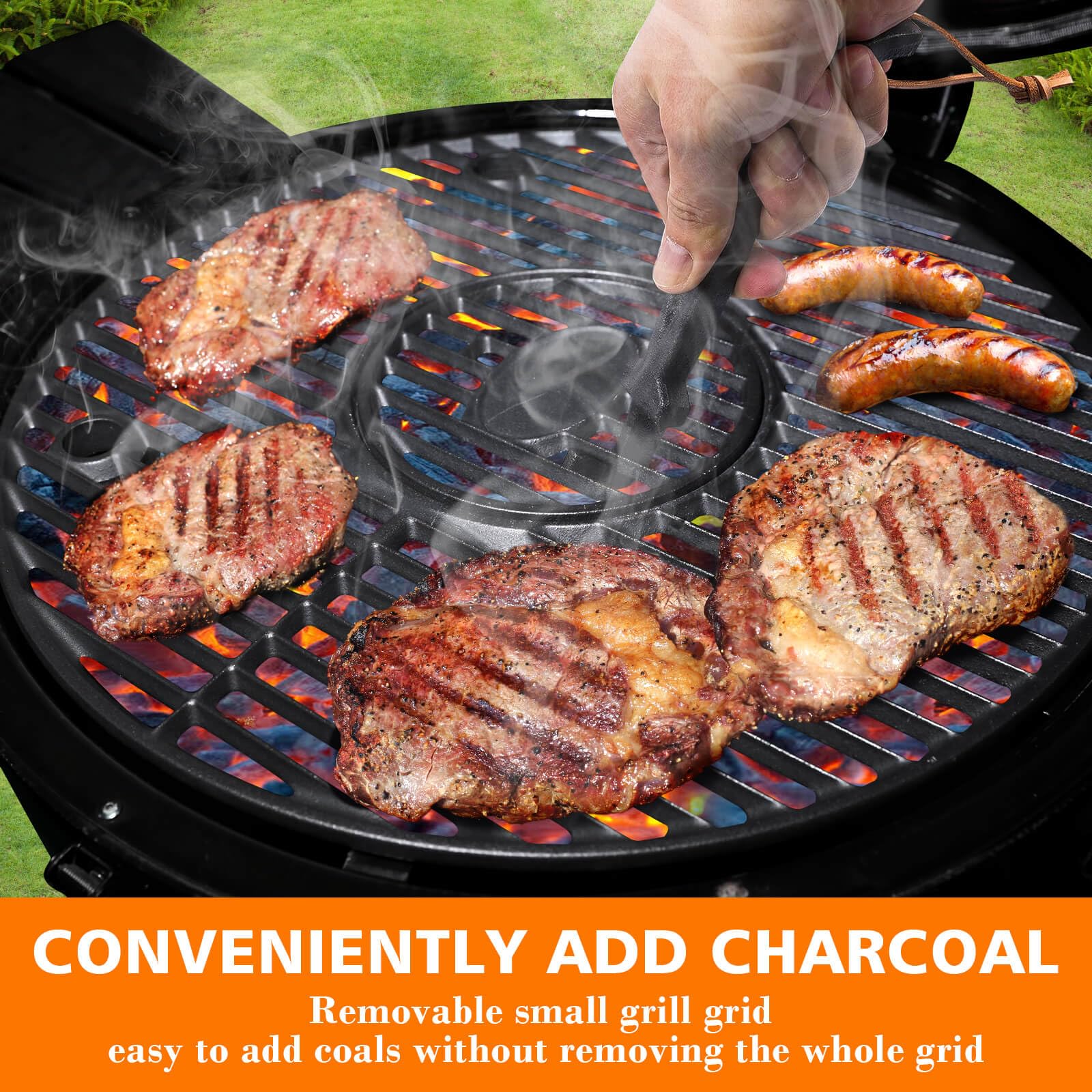 GRISUN 7.2-inch center insert enables adding charcoal without removing grate.