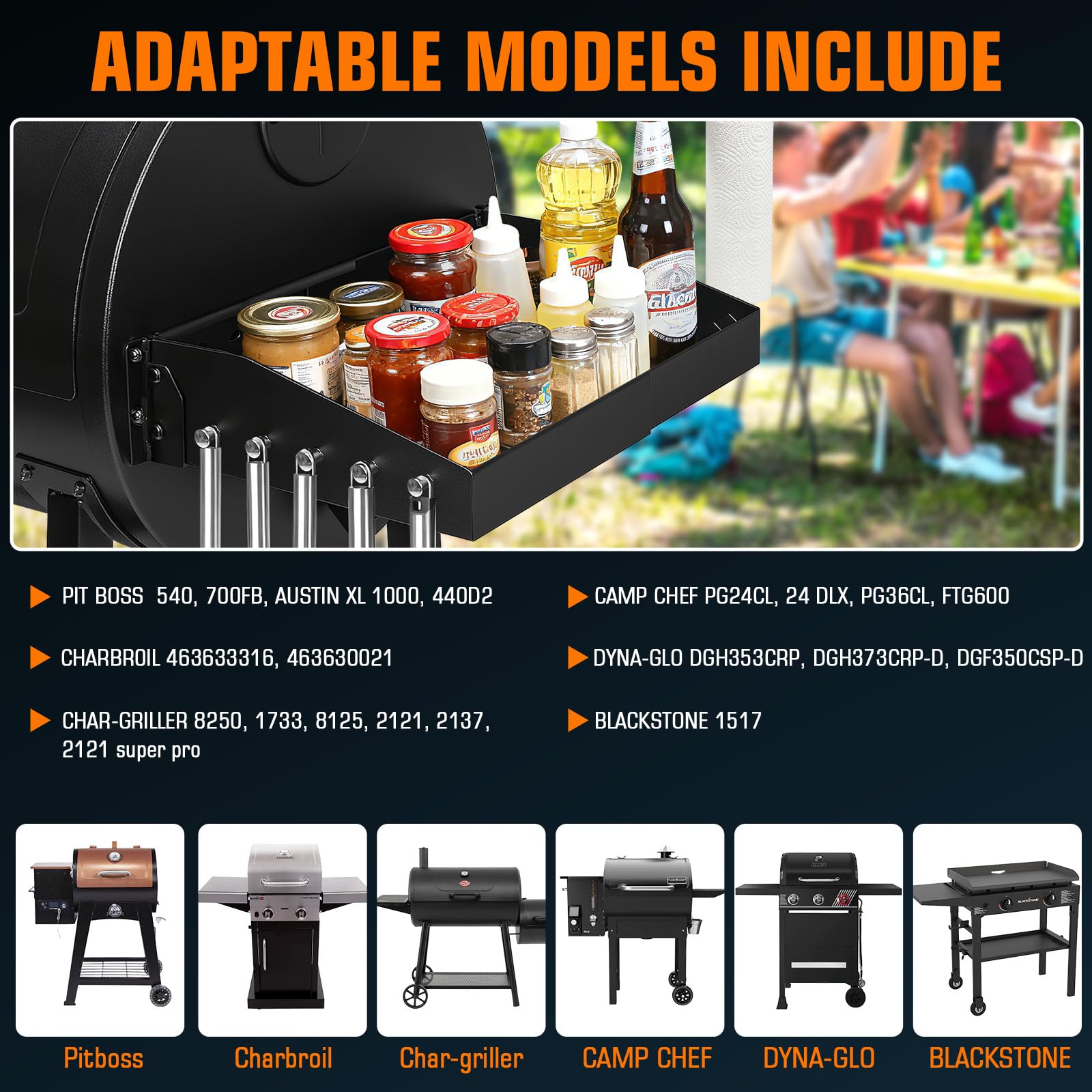GRISUN five-tool-hook shelf keeps utensils within easy reach during grilling.