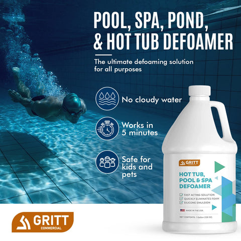 GRITT COMMERCIAL Foam-removal in pool scene shows reduced foam in spa and hot tub.