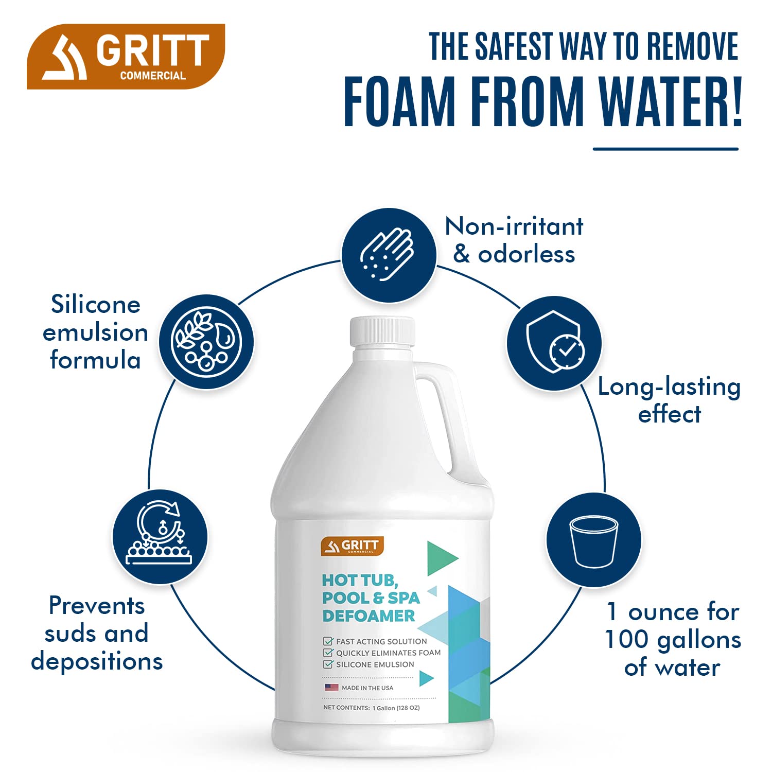 GRITT COMMERCIAL Water clarity after treatment shows crystal, foam-free pool.