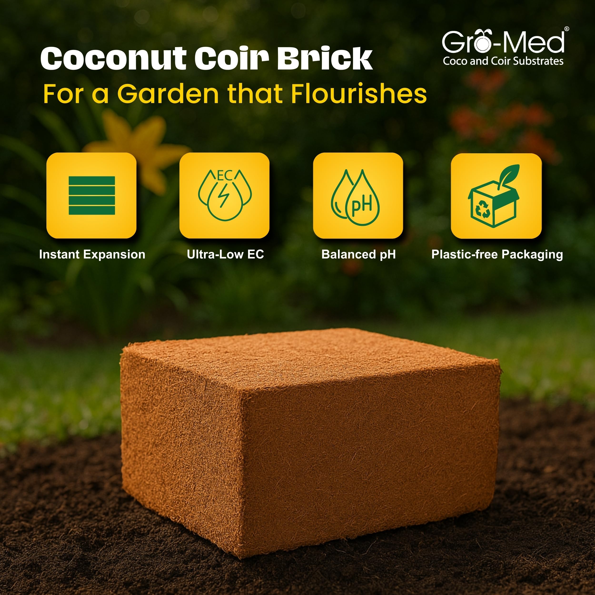 Gro-Med Coco Coir Brick seed-start prepares seeds for germination in rich medium.