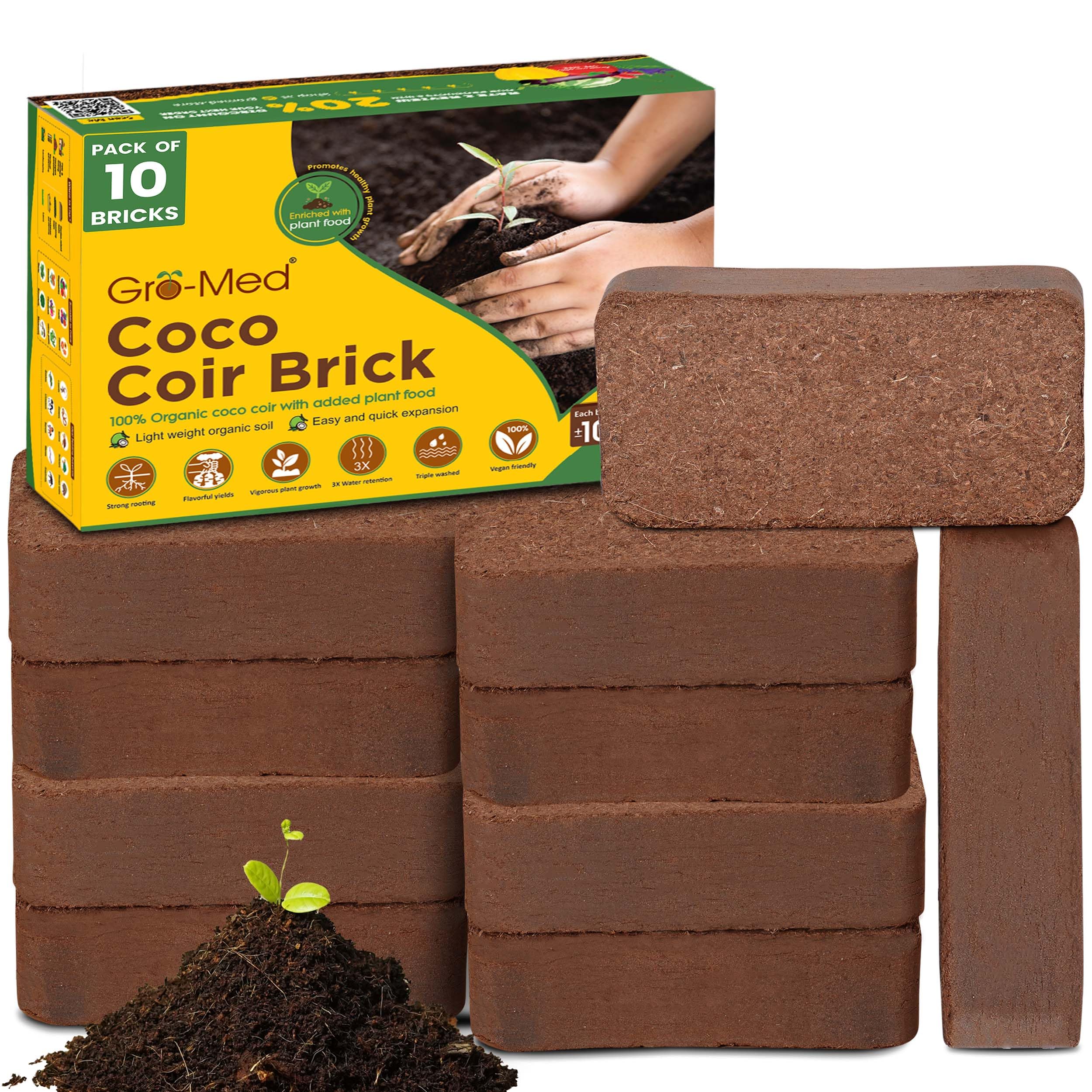 Gro-Med Coco Coir Bricks 10-pack expands into airy, nutrient-rich soil.