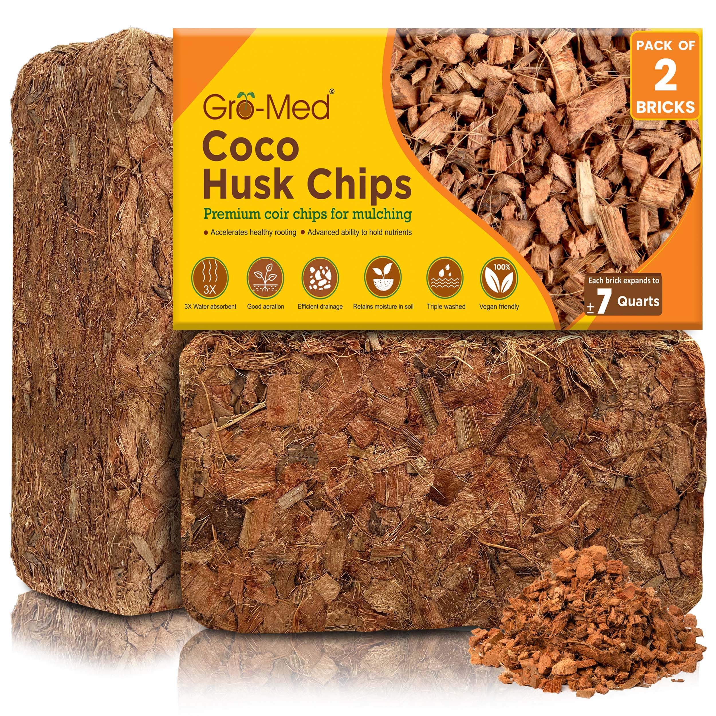 Gro-Med Coco Husk Chips Brick expanding to 14 quarts for versatile soil amendments