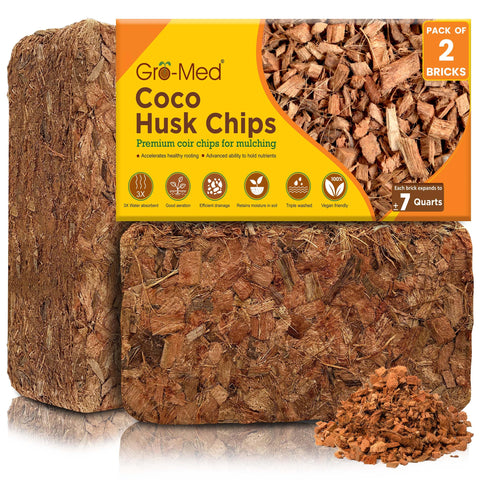 Gro-Med Coco Husk Chips Brick expanding to 14 quarts for versatile soil amendments