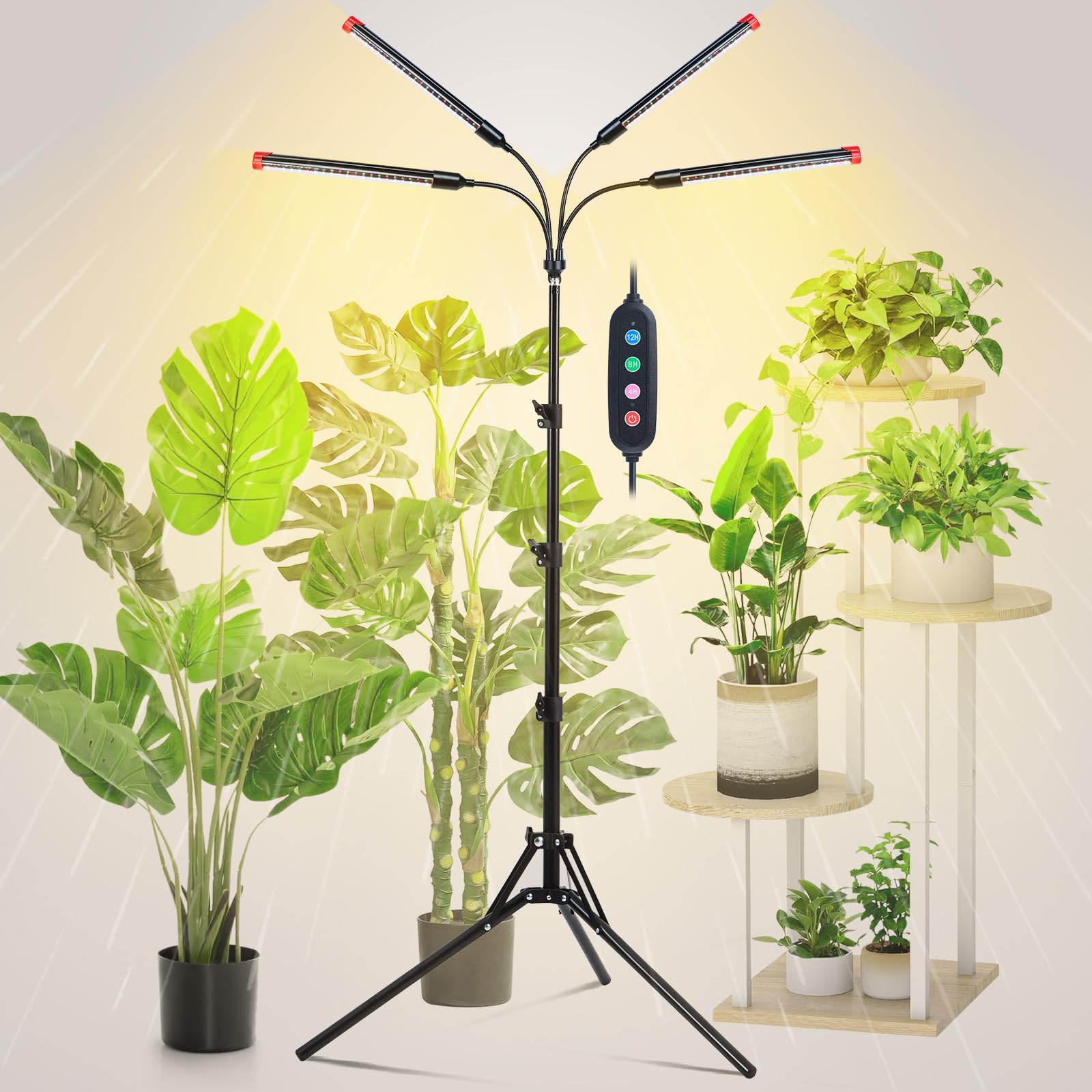 GroCruiser 4Head grow light on its stand next to tall indoor plants for stable setup