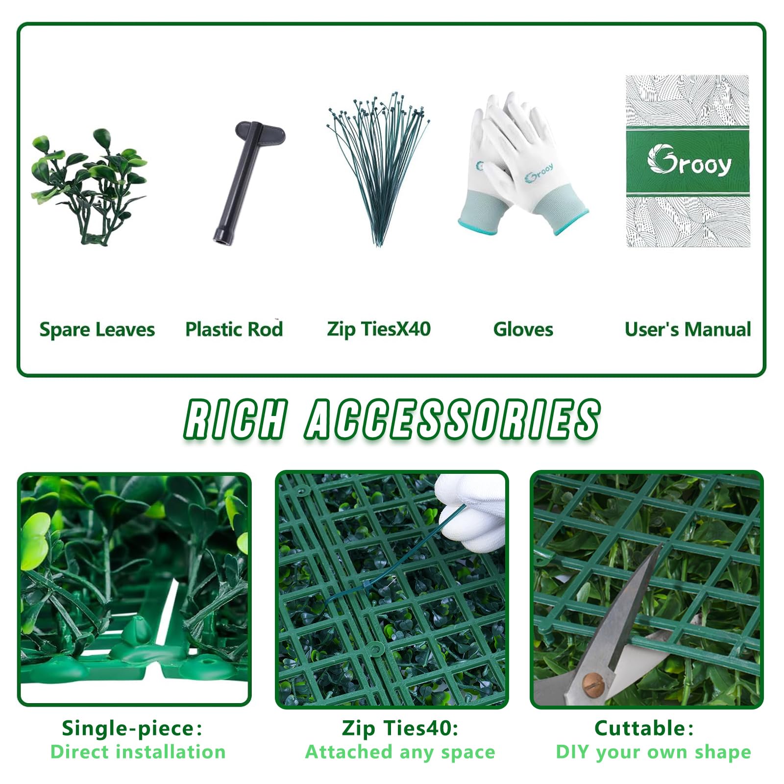 Grooy included accessories speed up installation with zip ties and gloves.