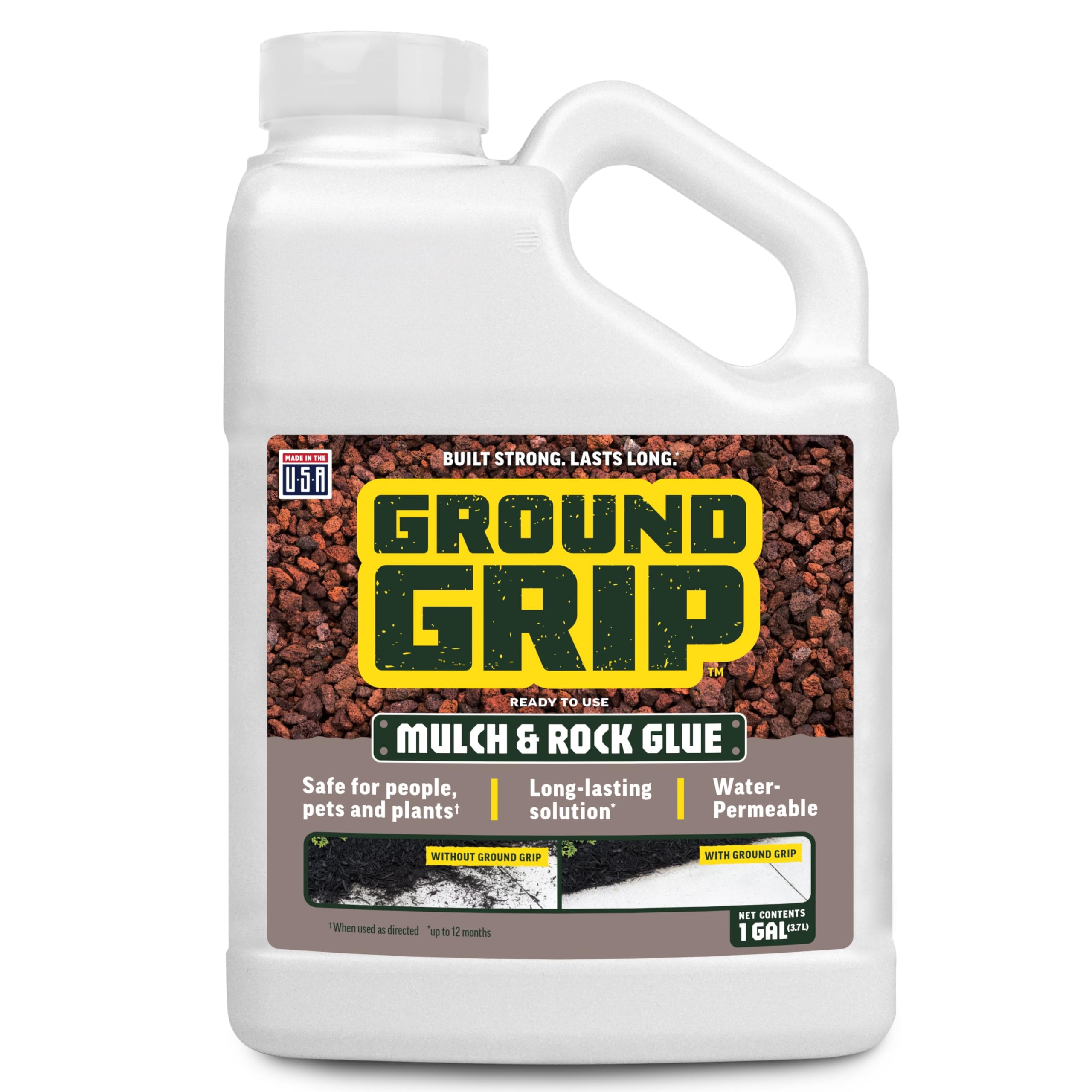 Ground Grip Glue applied to mulch coverage for a secure garden bed.