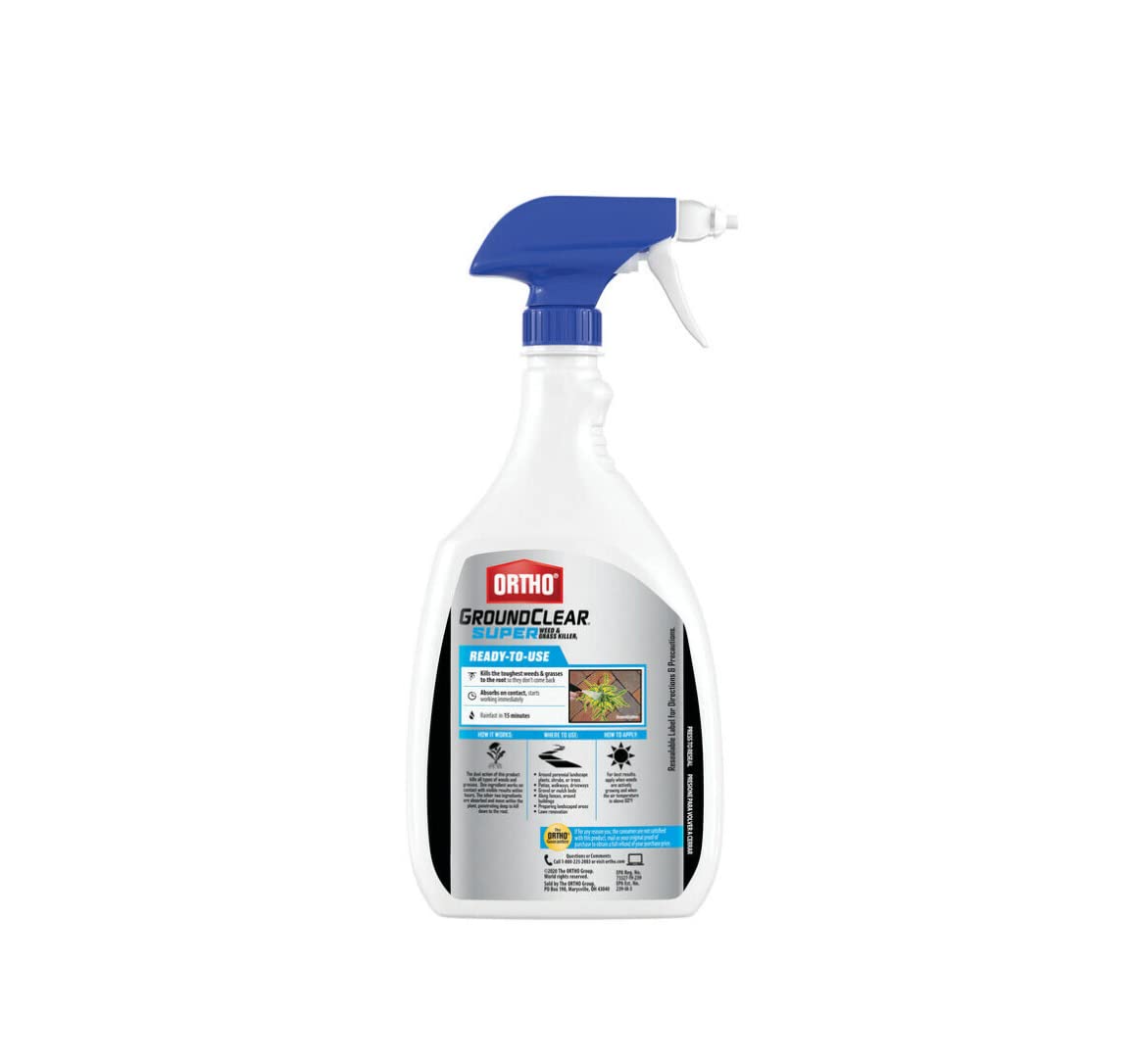 Groundclear Ortho weed killer applied on patio weeds near a driveway.