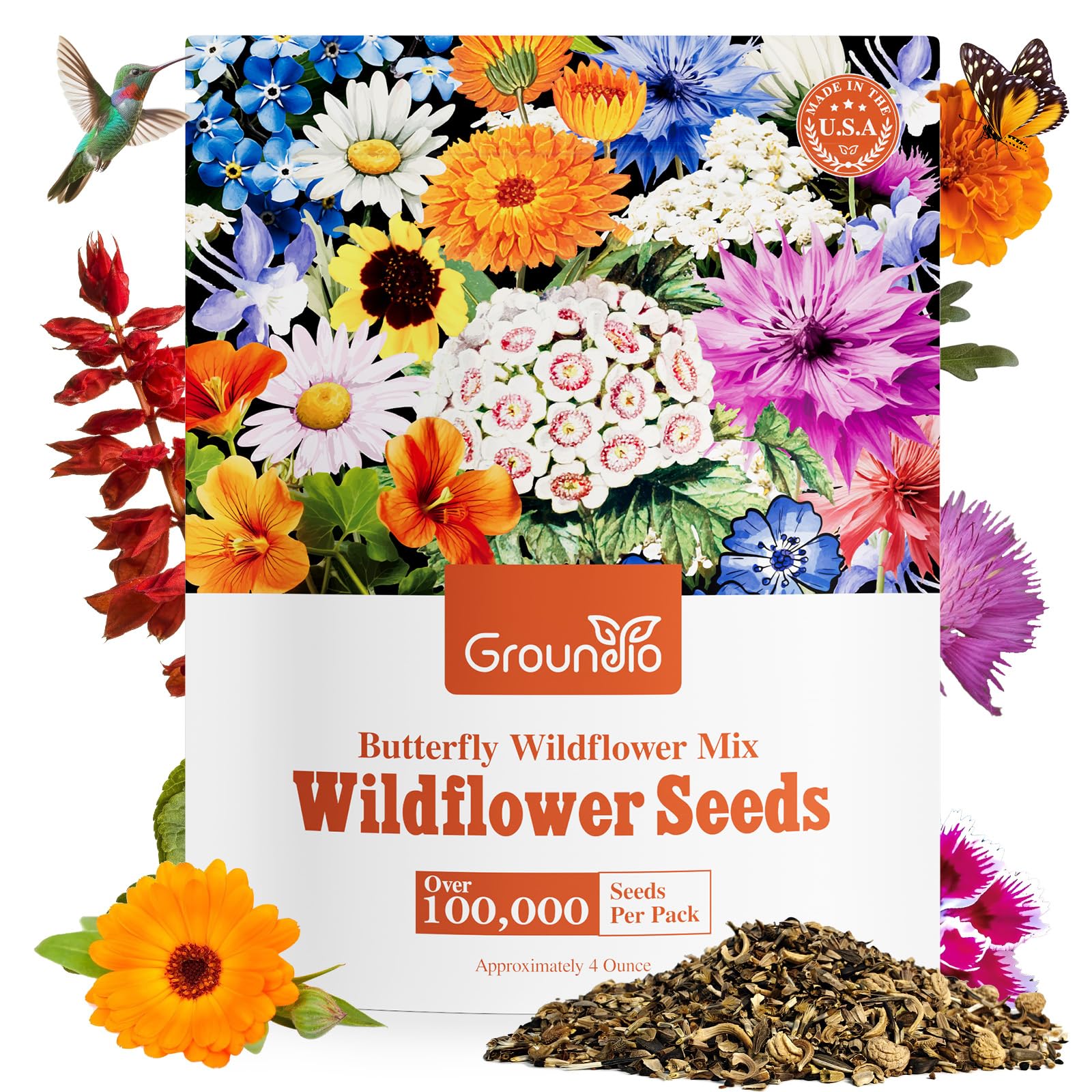 Groundio all-perennial wildflower seeds in a 26-variety mix for vibrant pollinator beds.