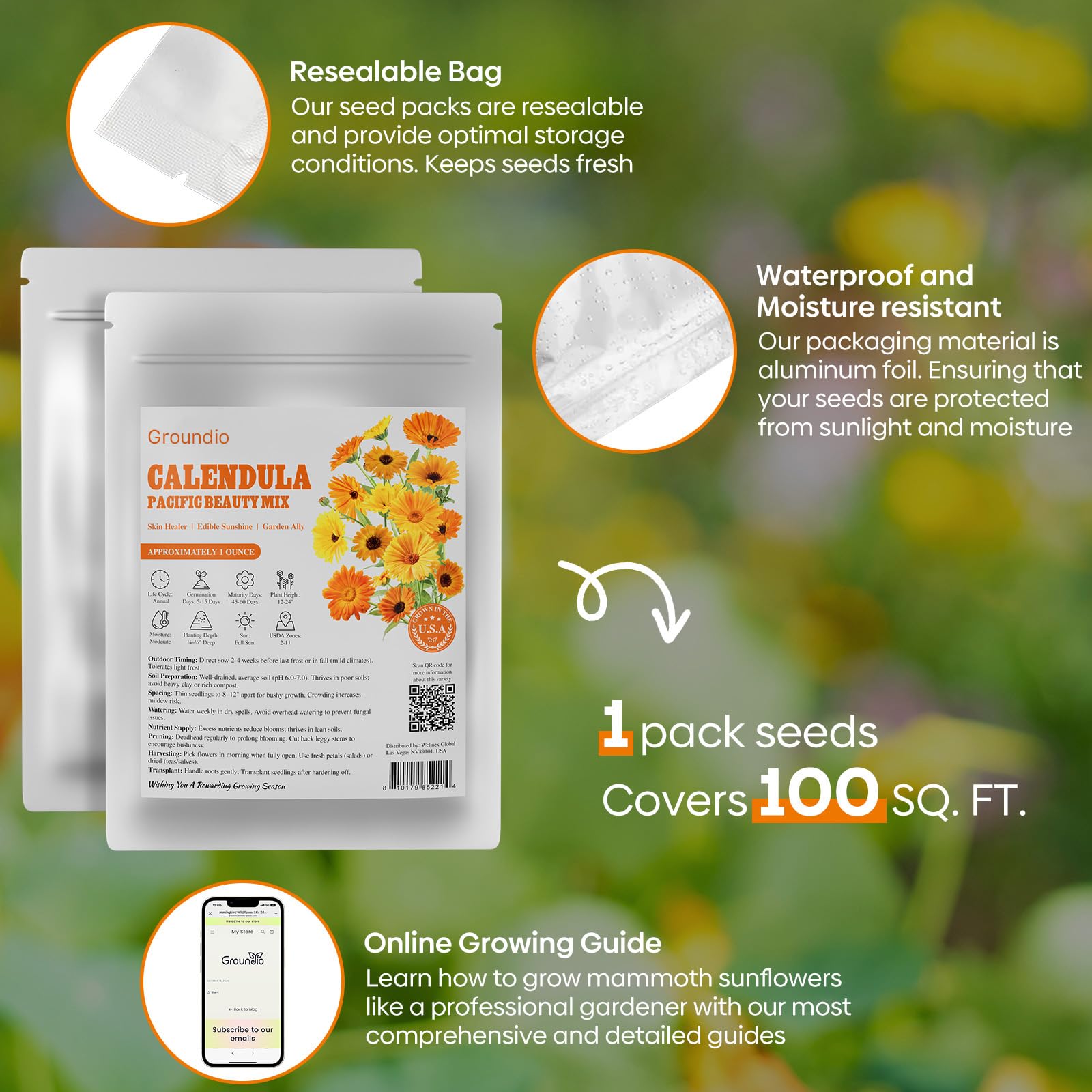 Groundio Calendula Pacific Beauty mix bloom-preview—dense flowers brighten beds and pathways.