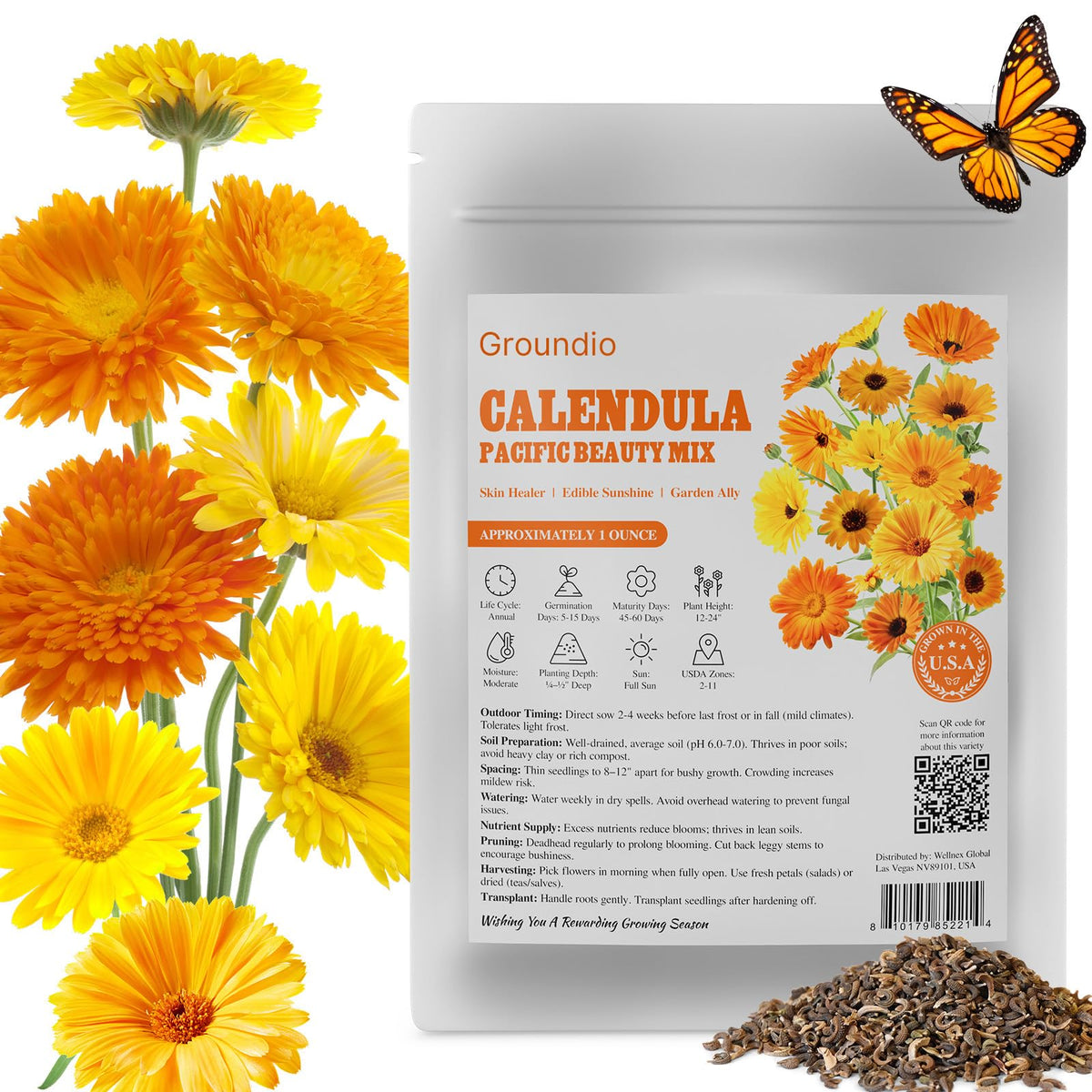 Groundio Calendula Pacific Beauty mix seeds pack—vibrant blooms for sunny borders and pollinator gardens.