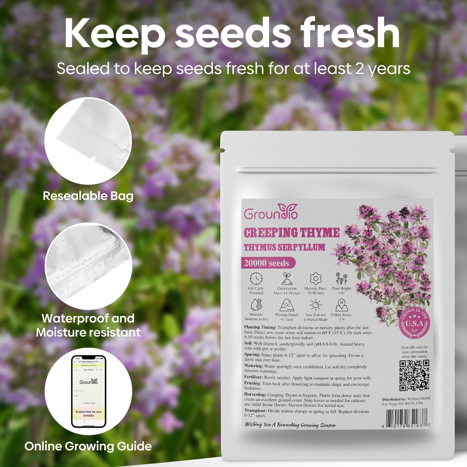 Groundio creeping thyme seeds in foil bag stay fresh.