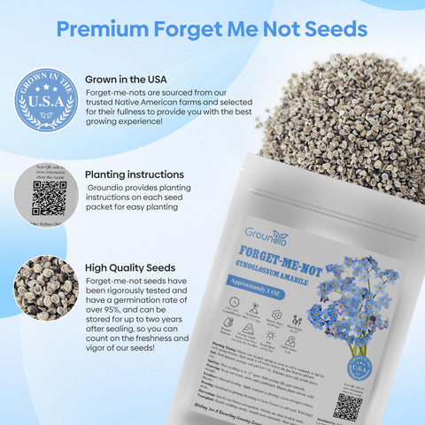 Groundio forget-me-not seeds packaging in aluminum bag preserves freshness.