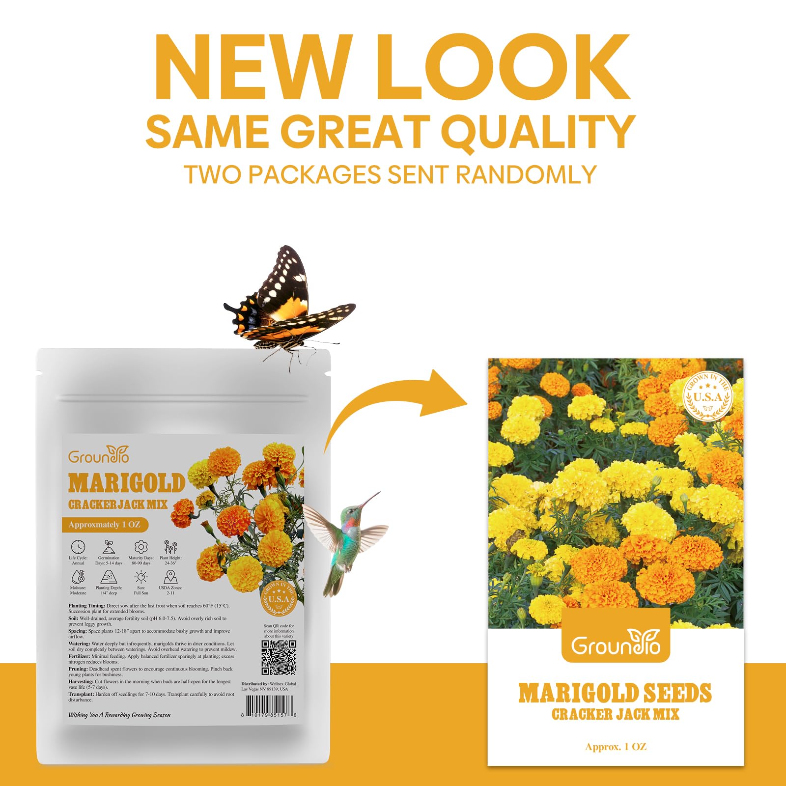 Groundio marigold seeds label closeup shows 1 oz pack and non-GMO promise.