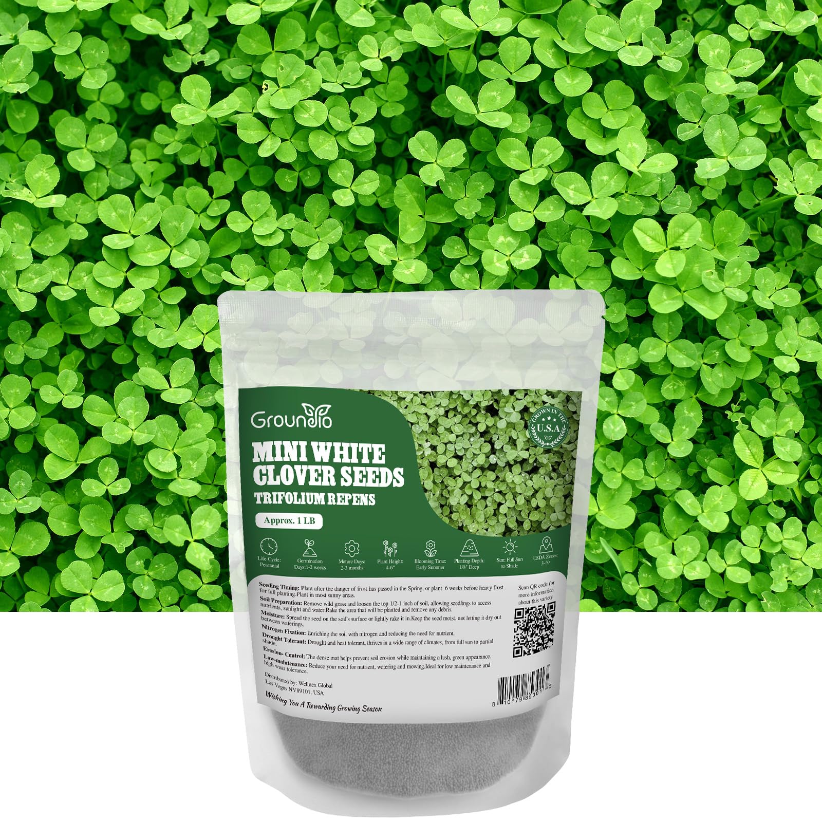 Groundio mini white clover seeds in a bag, ideal for a low-maintenance lawn option.