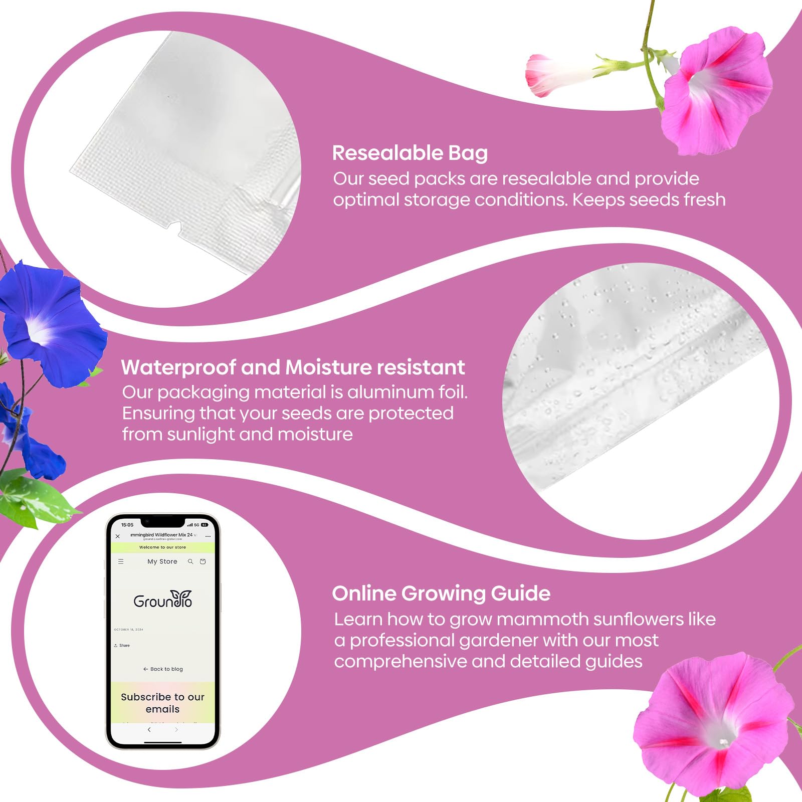 Groundio packaging shows planting guide for timing and sowing steps