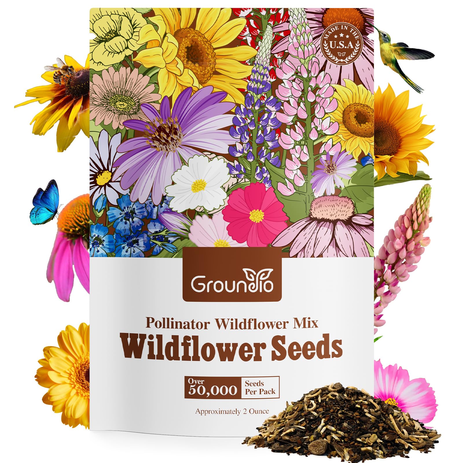 Groundio Wildflower Seeds Mix bag back with planting guide and germination tips