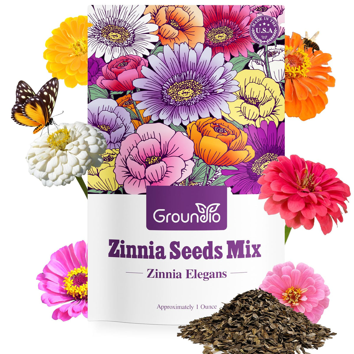 Groundio Zinnia seeds mix packaging shows freshness and storage benefits.