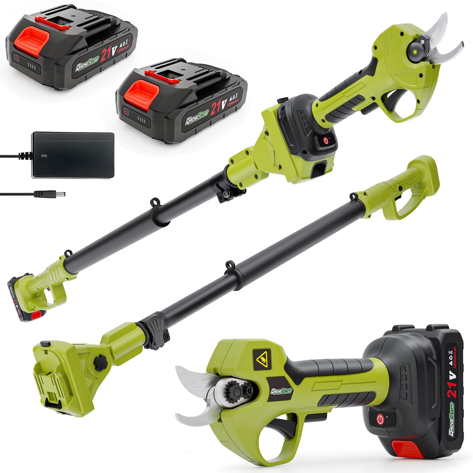 GroveCraft 20V 2-in-1 pruning shear with extended pole reaches tall branches safely.