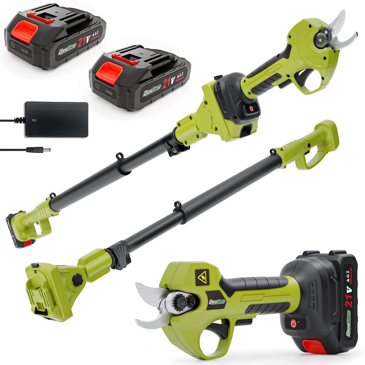 GroveCraft 20V 2-in-1 pruning shear with extended pole reaches tall branches safely.