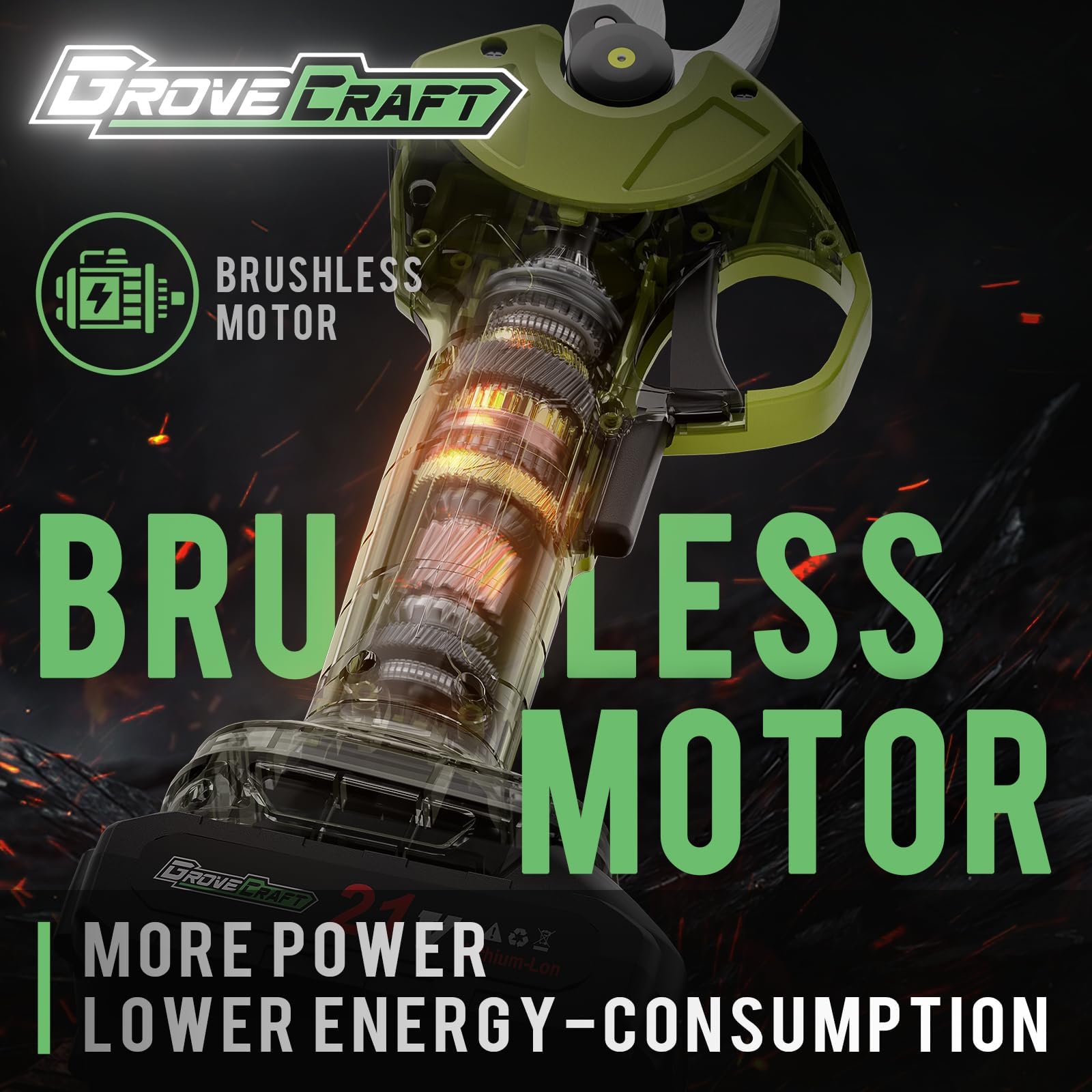 GroveCraft battery-powered pruner shows high capacity with over 1500 cuts per charge.