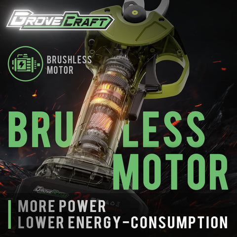 GroveCraft battery-powered pruner shows high capacity with over 1500 cuts per charge.
