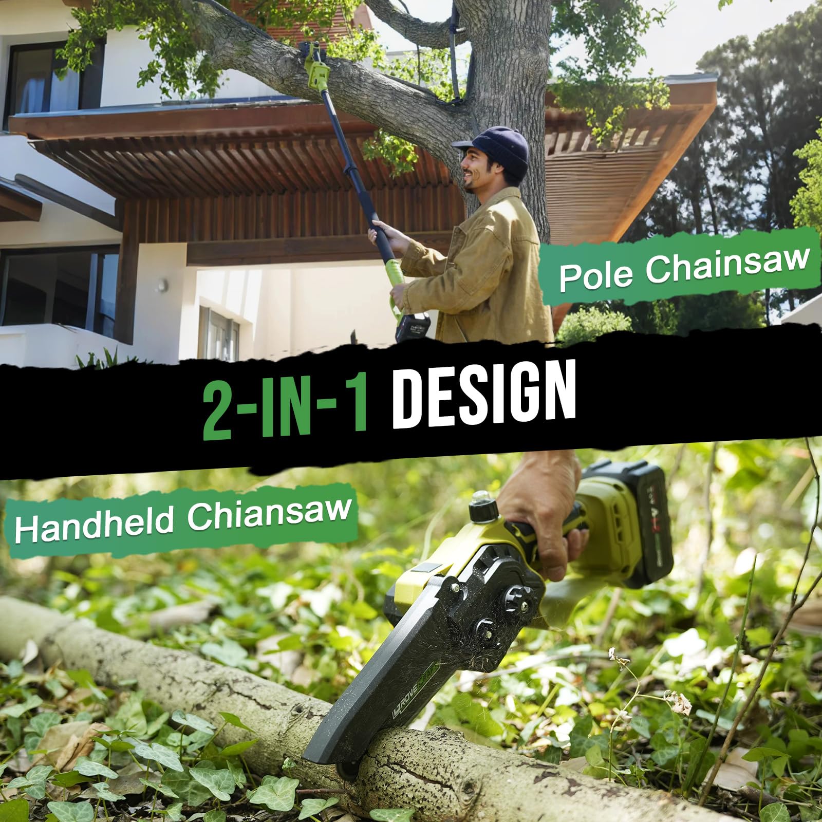 Grovecraft detachable extension pole expands reach for high branch trimming.