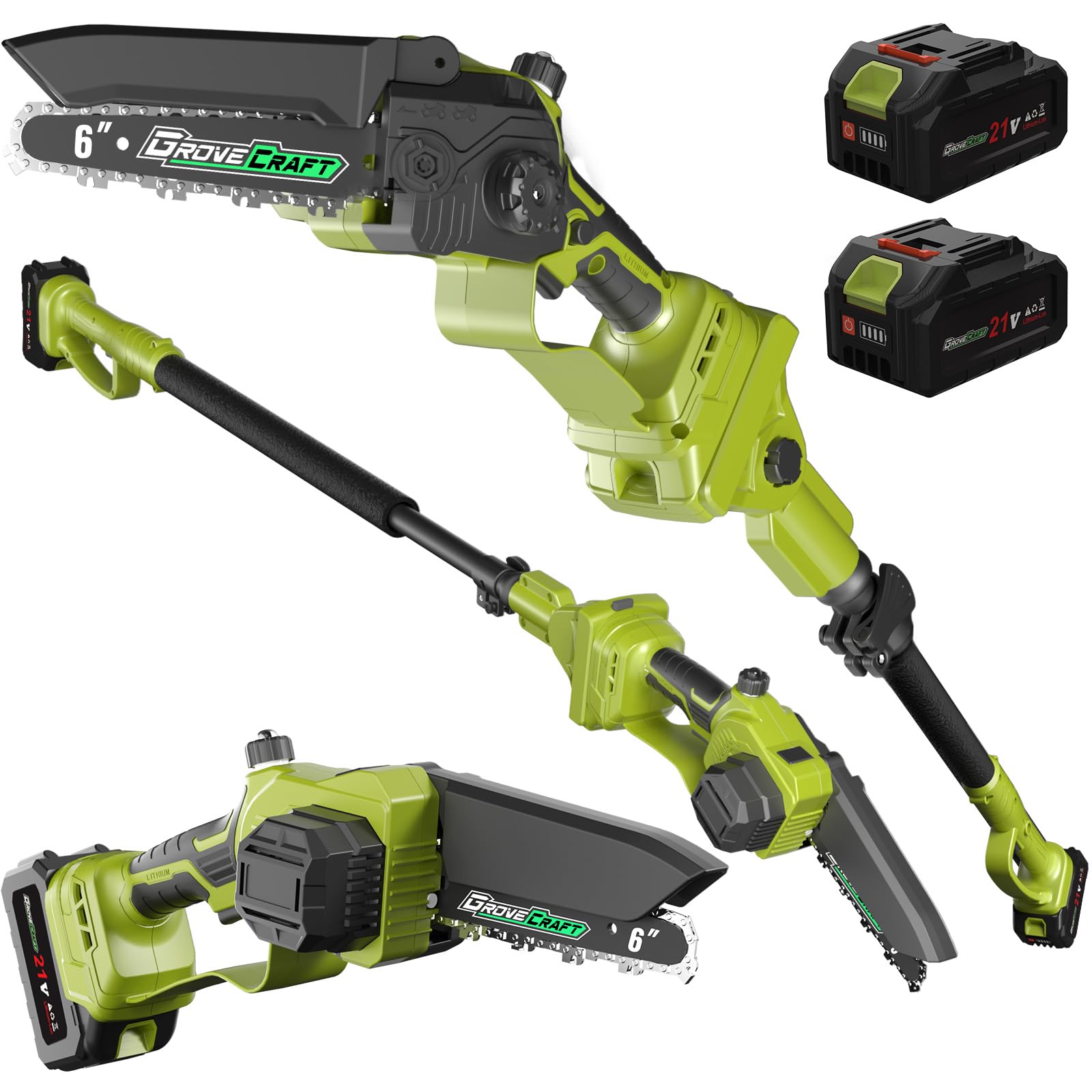Grovecraft two-in-one cordless pole saw for versatile pruning from ground to canopy.