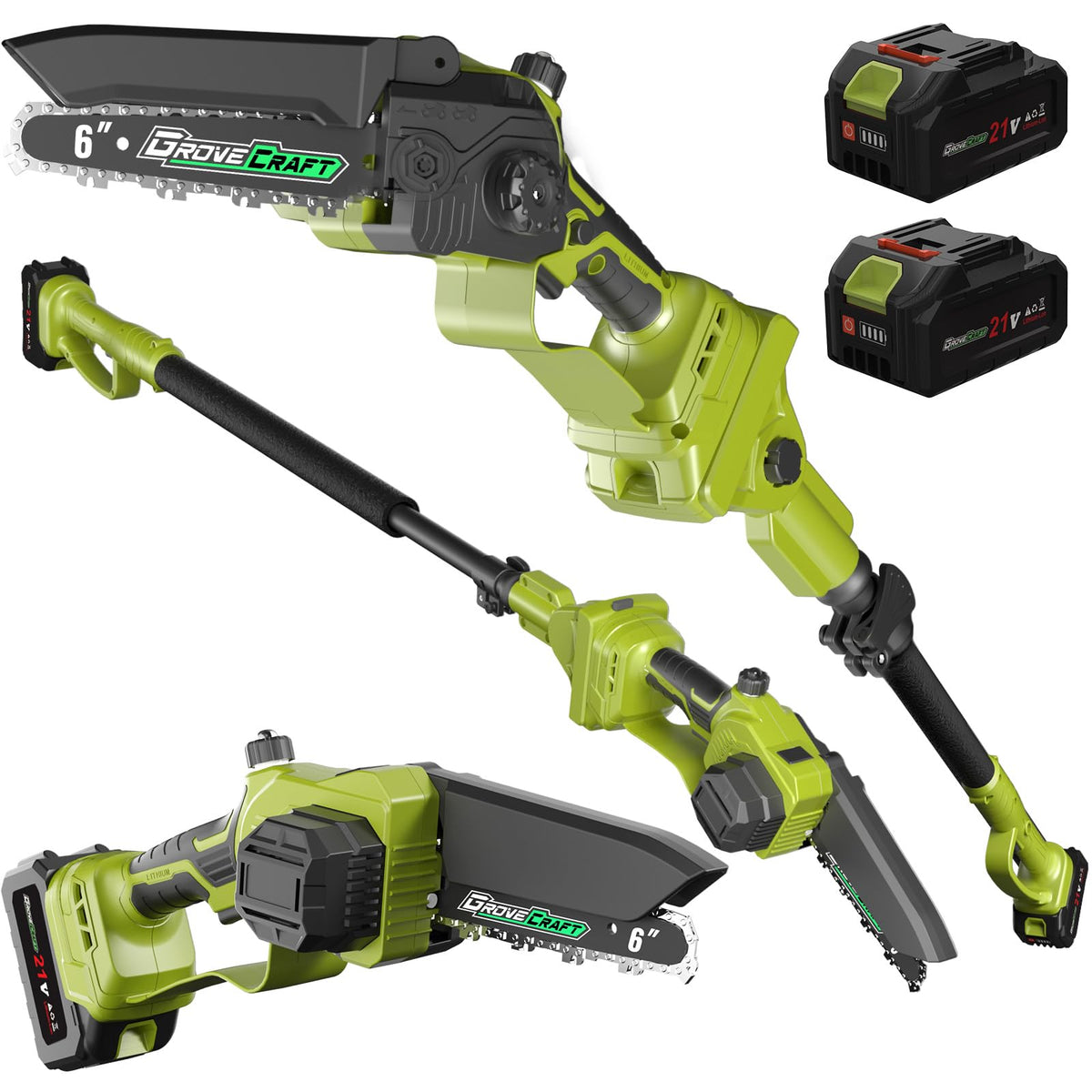 Grovecraft two-in-one cordless pole saw for versatile pruning from ground to canopy.