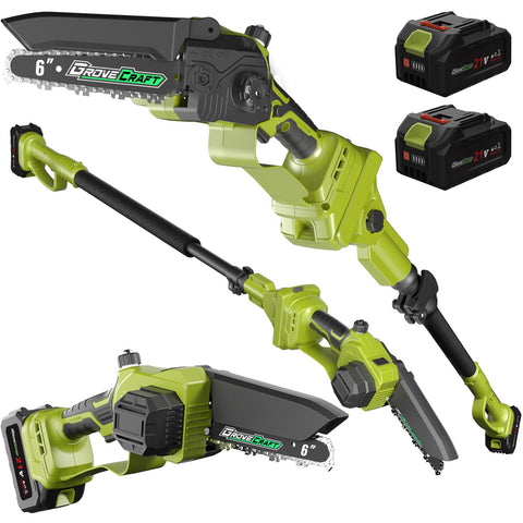 Grovecraft two-in-one cordless pole saw for versatile pruning from ground to canopy.