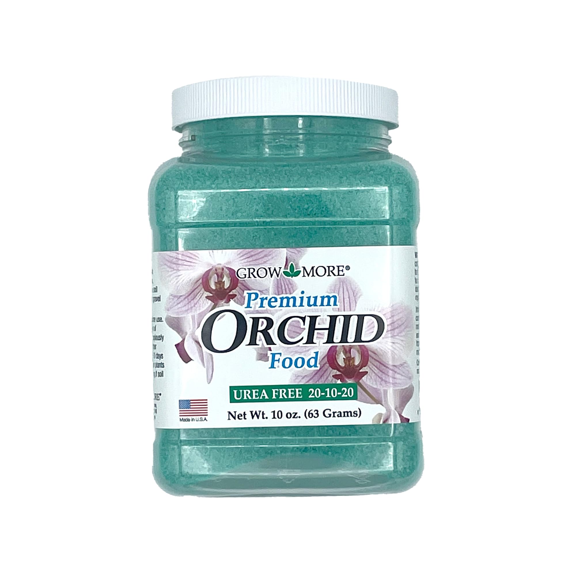Grow More 20-10-20 orchid fertilizer label close-up, highlighting the urea-free formula.