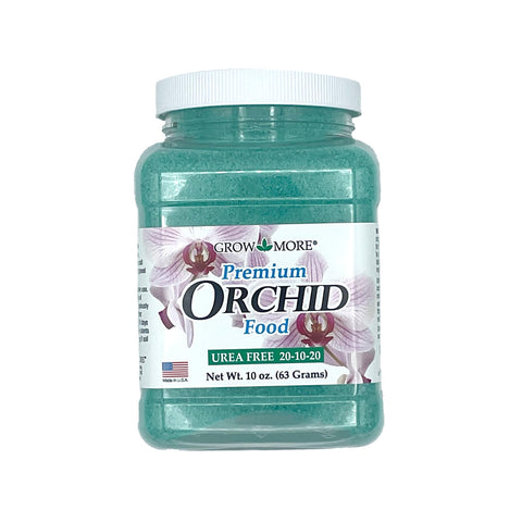 Grow More 20-10-20 orchid fertilizer label close-up, highlighting the urea-free formula.