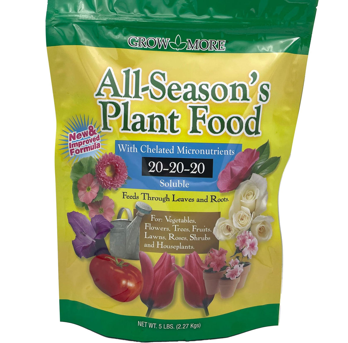 Grow More All-Season Plant Food bottle label highlights the 20-20-20 formula.