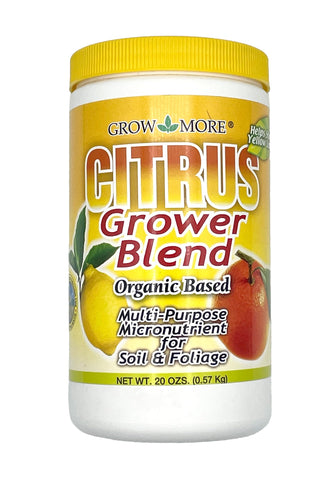 Grow More Citrus Grower Blend 20oz bottle for healthy potted citrus tree nourishment.