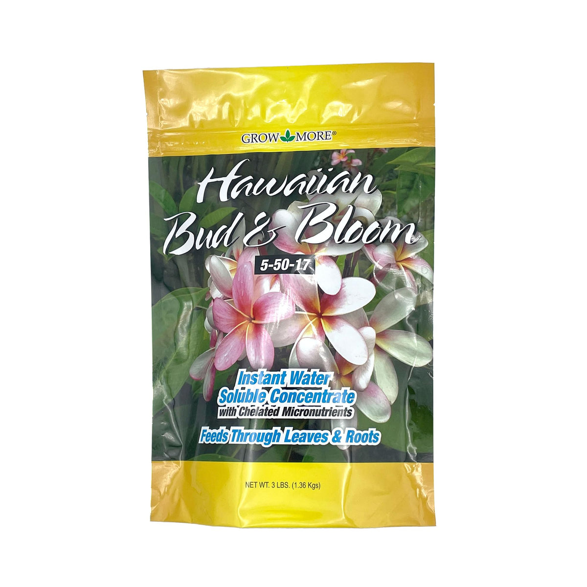 Grow More Hawaiian Bud and Bloom 3lb bag ready for soil feeding to boost blooms.