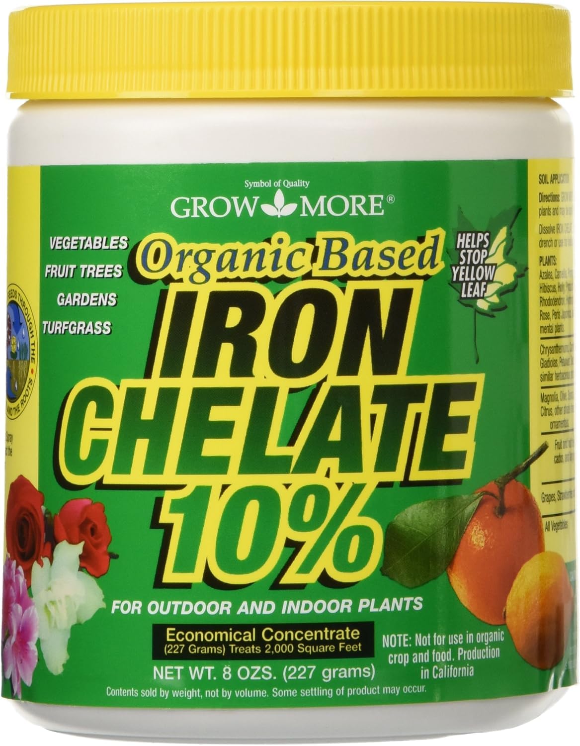 Grow More iron chelate bottle pour to nourish lush green leaves.