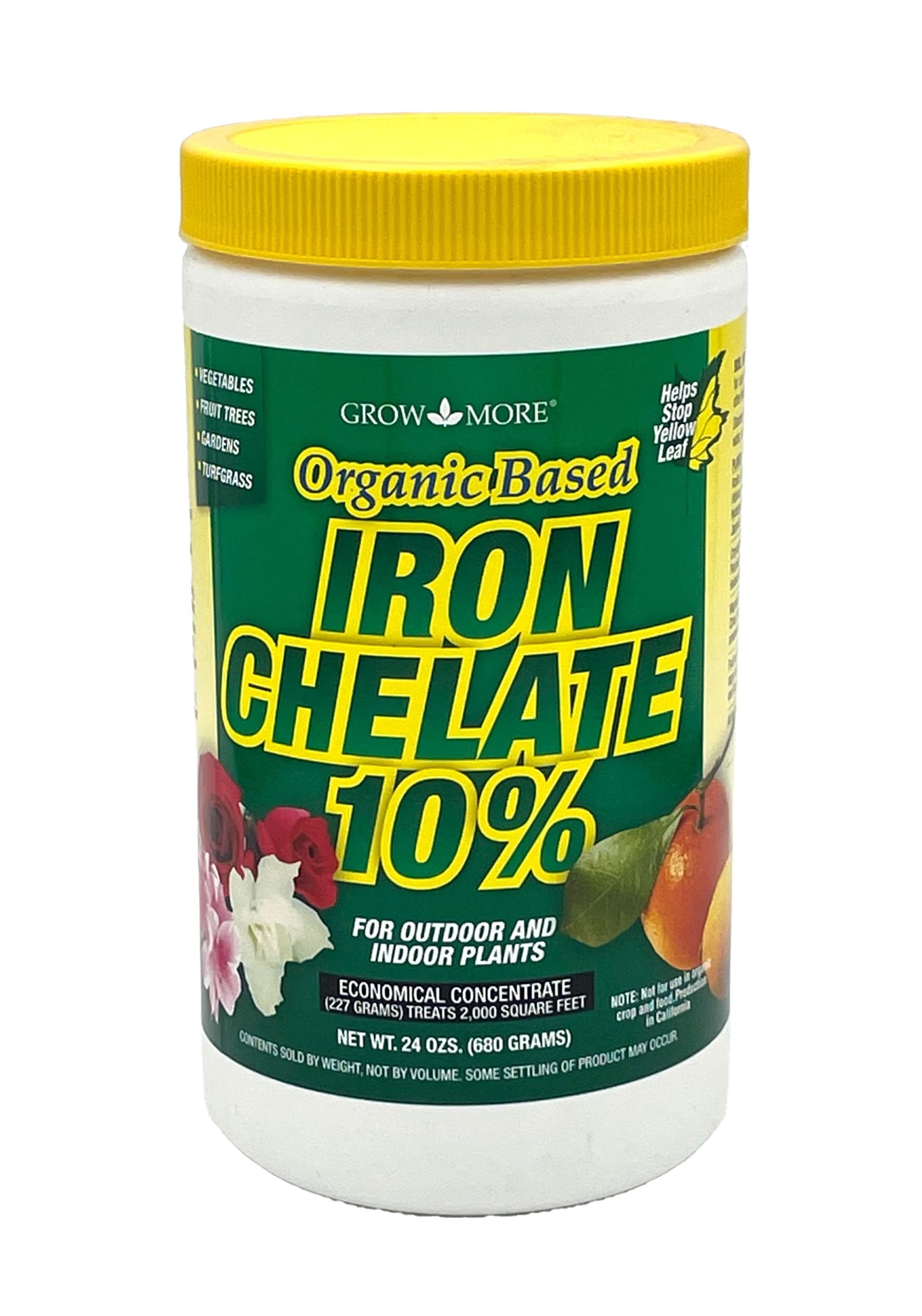 Grow More iron chelate concentrate bottle promoting greener leaves on plants