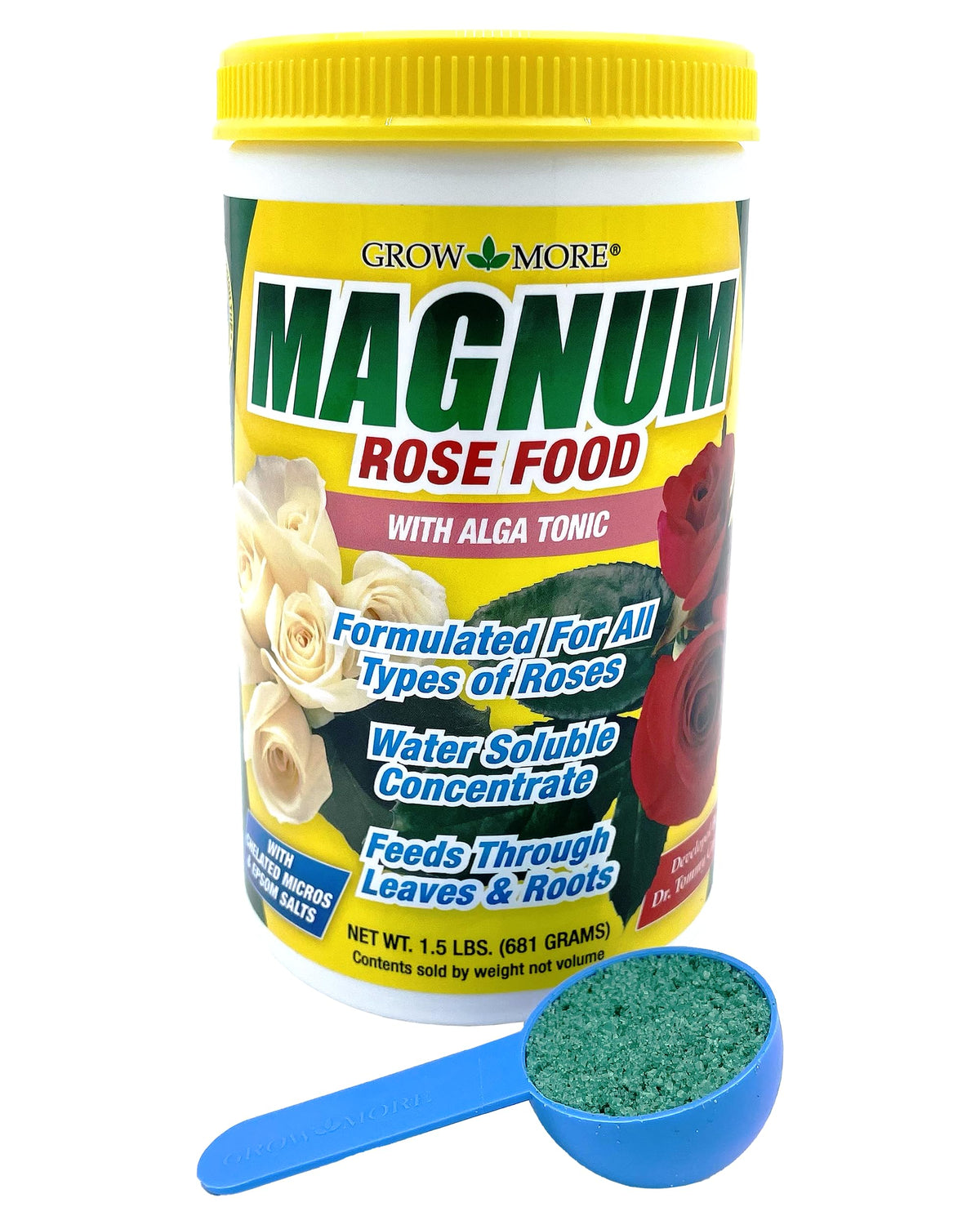 Grow More Magnum Rose Fertilizer bottle pour enables easy feeding for roses