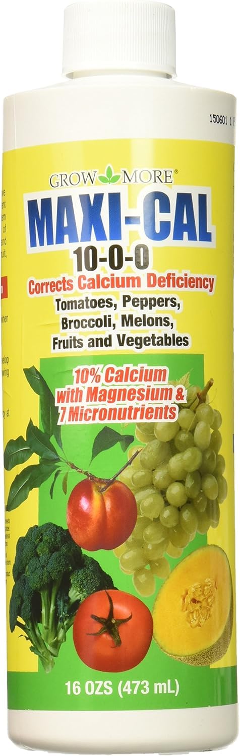 Grow More Maxi-Cal bottle front for calcium-rich plant nutrition supporting fruit development.