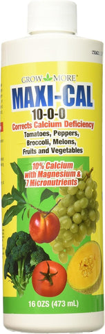 Grow More Maxi-Cal bottle front for calcium-rich plant nutrition supporting fruit development.