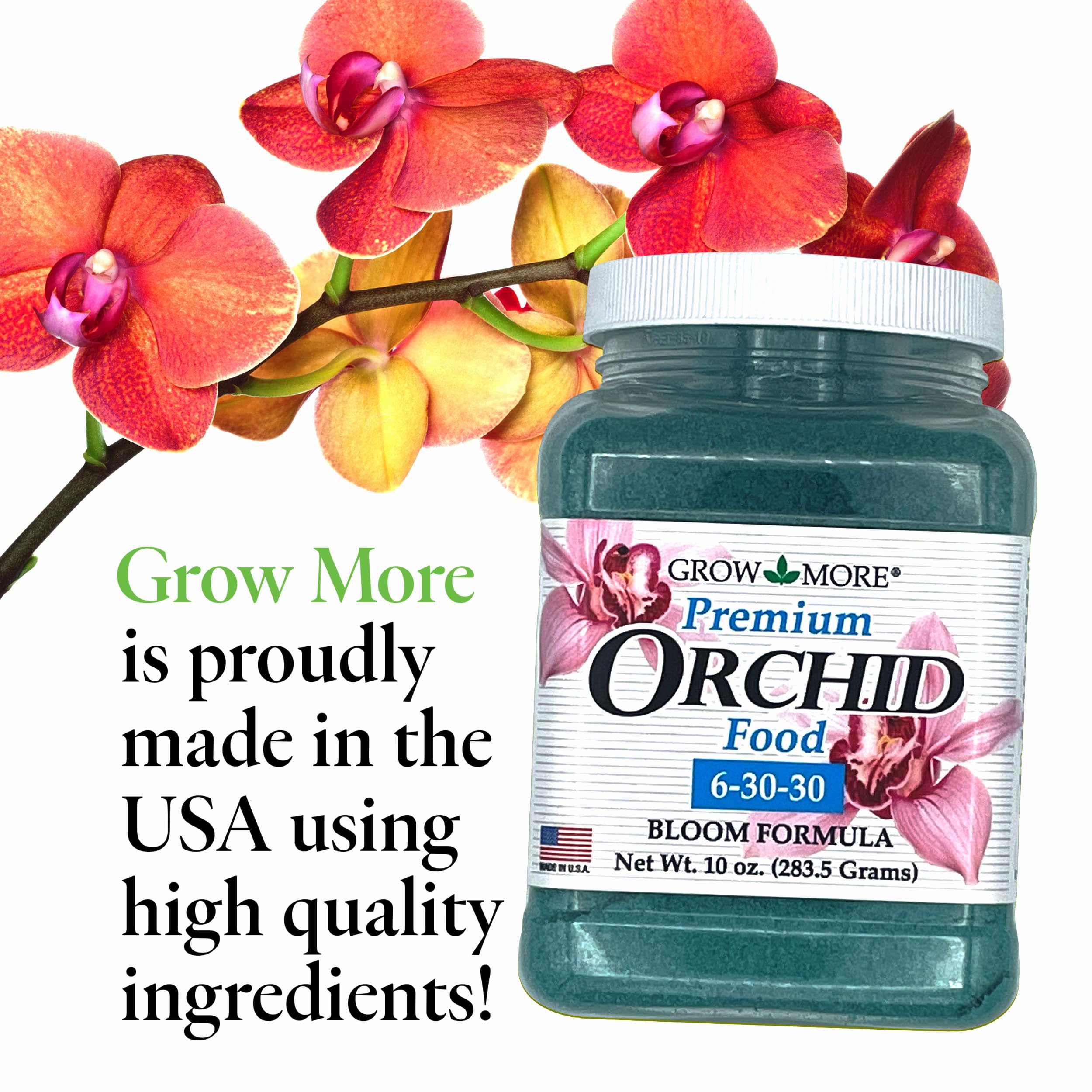Grow More Premium Bloom Formula 10oz package ready for orchid feeding.