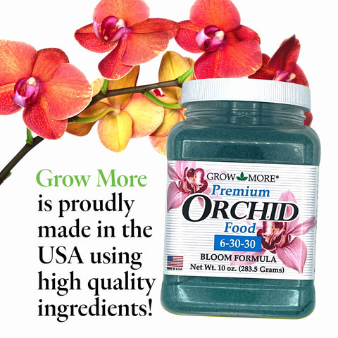 Grow More Premium Bloom Formula 10oz package ready for orchid feeding.