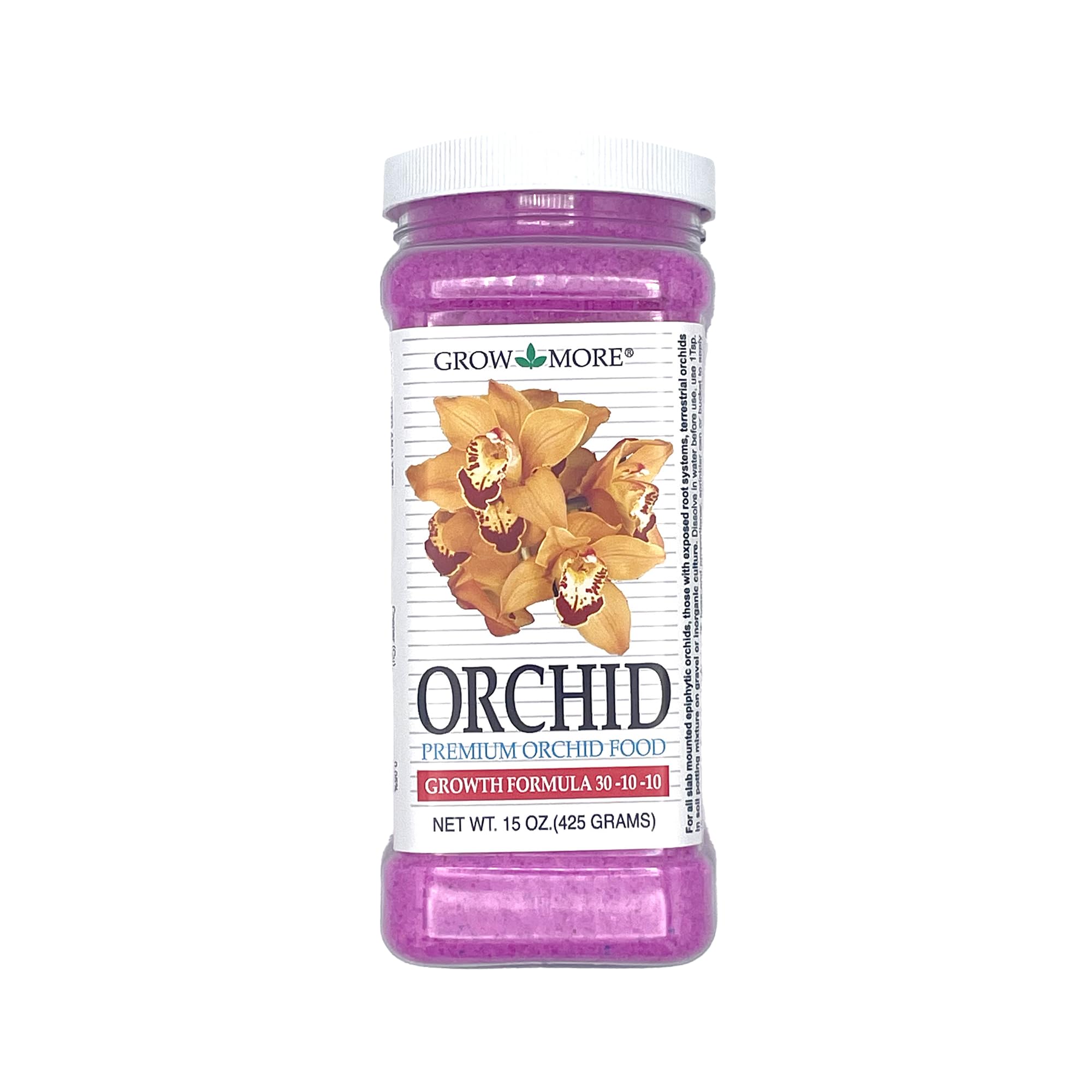 Grow More Premium Growth Formula bottle demonstrates high-nitrogen orchid fertilizer for vigorous growth.