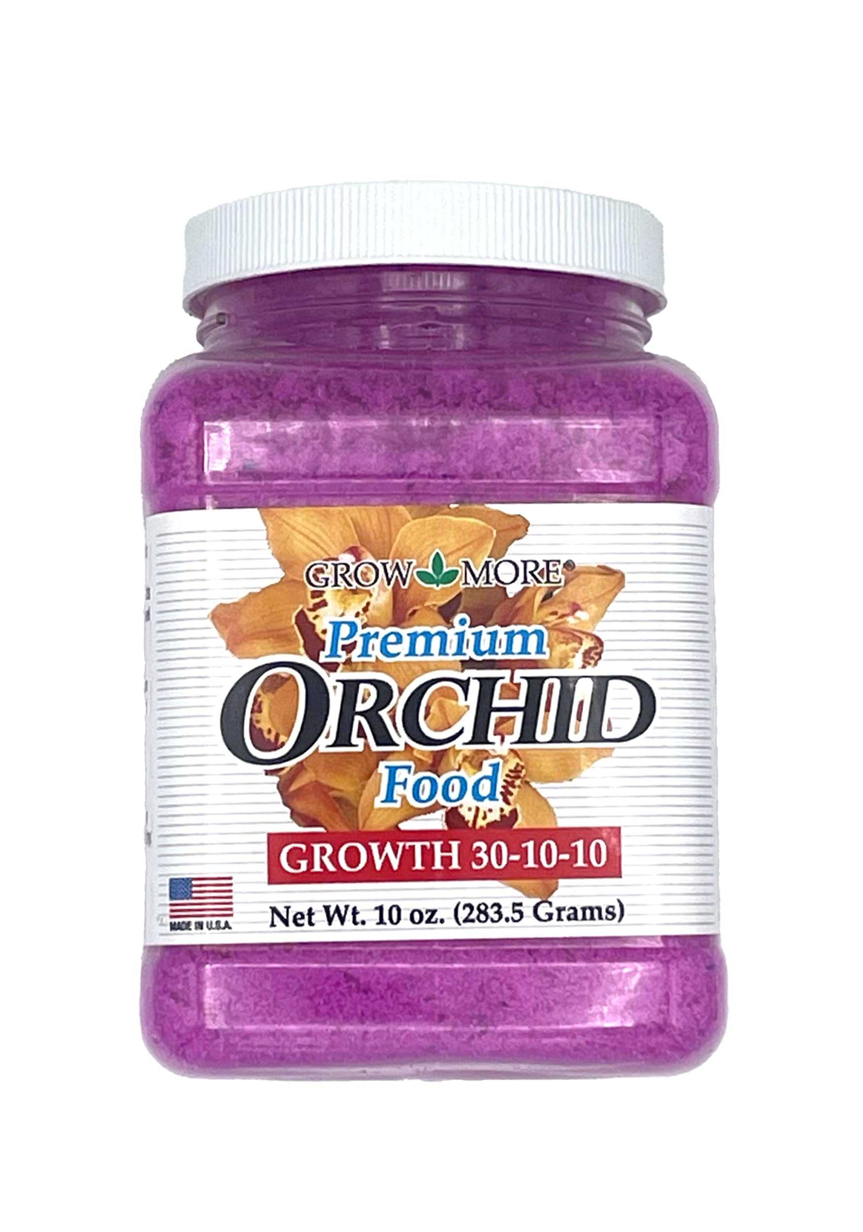 Grow More Premium Growth Formula 30-10-10 orchid fertilizer bottle boosts orchid growth.
