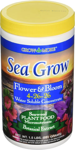 Grow More Sea Grow bottle and label ready for garden feeding to boost blooms