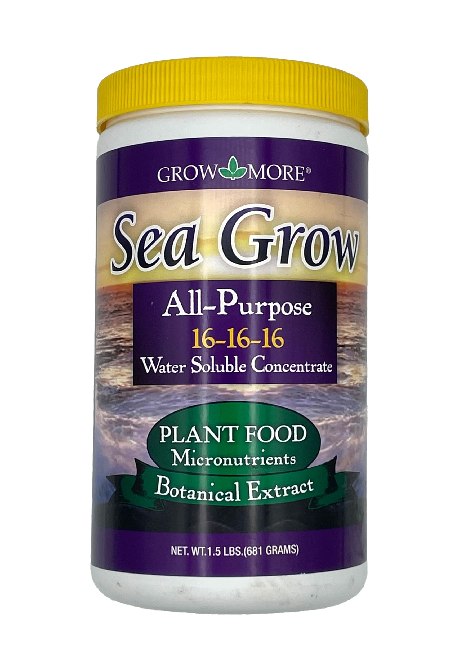 Grow More Sea Grow kelp fertilizer bottle shows quick, easy feeding for thriving plants