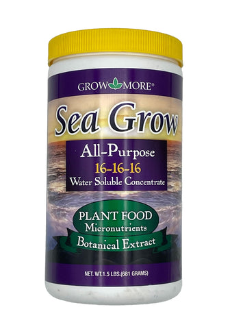 Grow More Sea Grow kelp fertilizer bottle shows quick, easy feeding for thriving plants