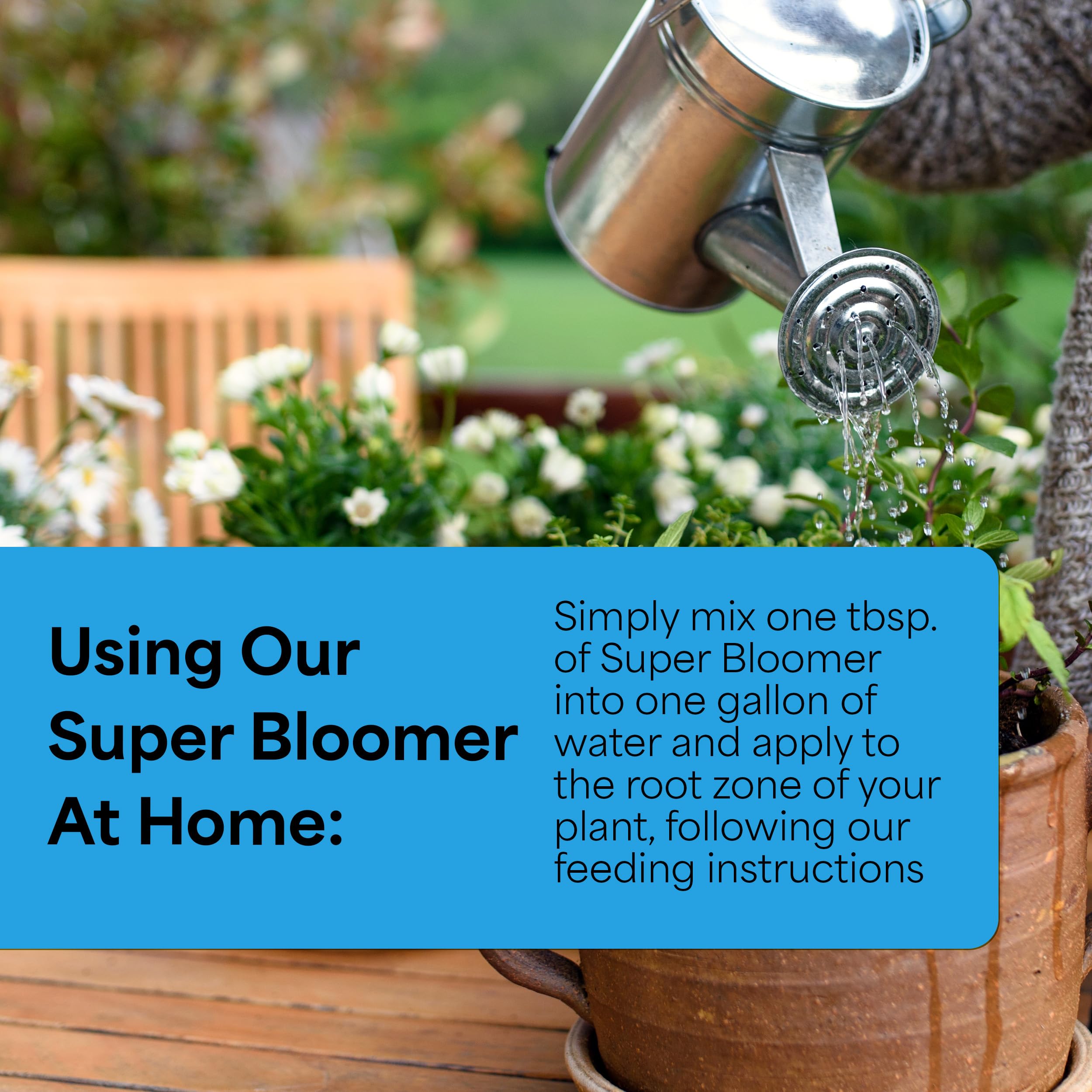 Grow More Super Bloomer application scene highlights easy spray or soil soak.