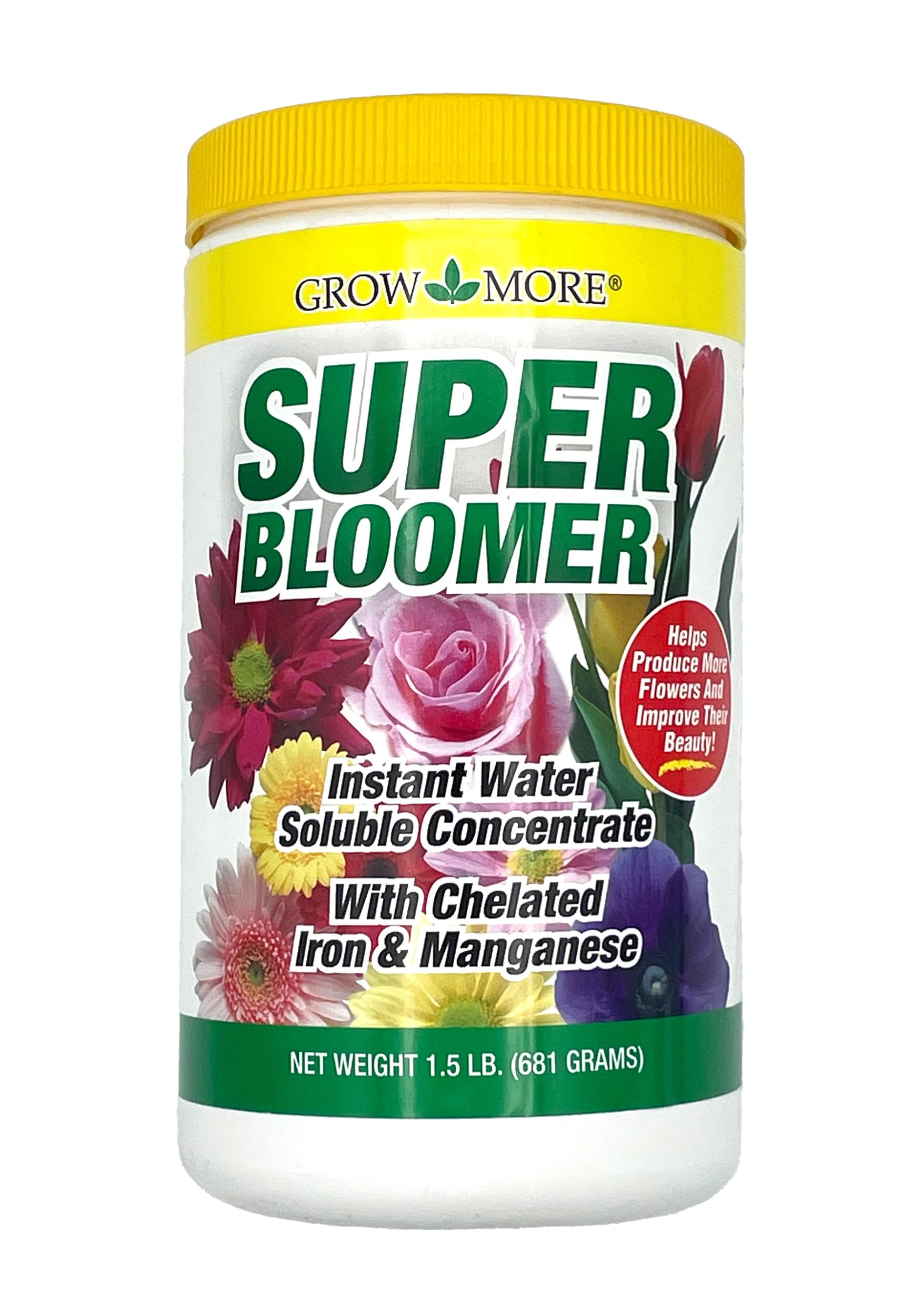 Grow More Super Bloomer bottle label with 15-30-15 bloom booster for vibrant flowers.